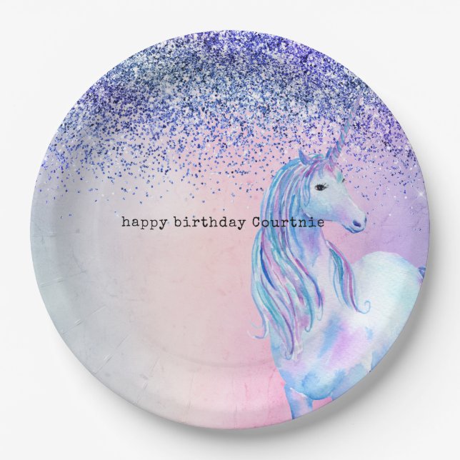 Lila Pink Blue Ombre Glitzer Unicorn Pappteller (Vorderseite)