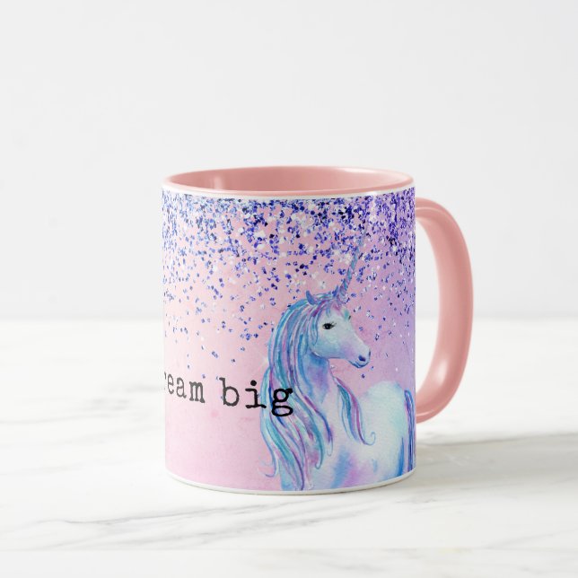 Lila Pink Blue Ombre Glitzer Unicorn Tasse (VorderseiteRechts)