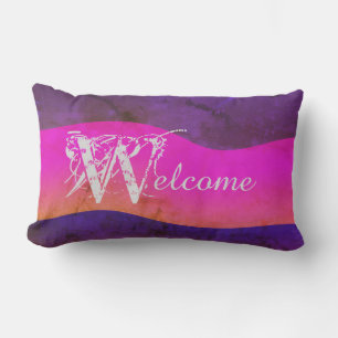 Lila Pink Blue Watercolor Chic Outdoor "Welcome" Kissen Für Draußen