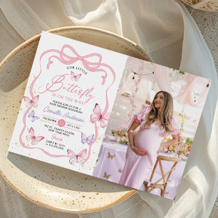 Lila Pink Bow Butterfly Girl Baby Duschbad Foto Einladung