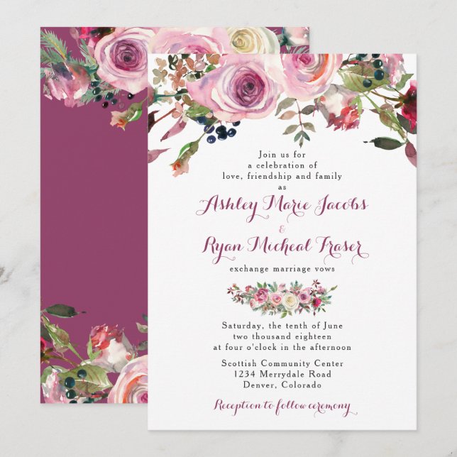 Lila Pink Chic Rose Blumenzwiebeleinladung Einladung (Vorne/Hinten)