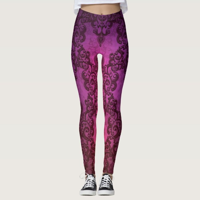 Lila Pink Damask Boho Style Leggings (Vorderseite)