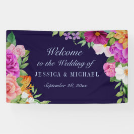 Lila Pink Dark Blue Bold Floral Wedding Willkommen Banner