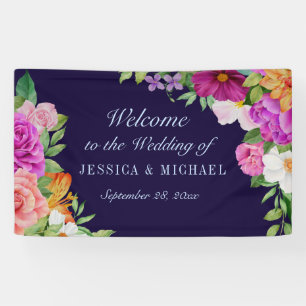 Lila Pink Dark Blue Bold Floral Wedding Willkommen Banner
