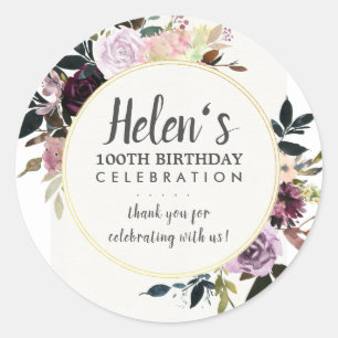 Lila Pink Floral 100. Geburtstag Vielen Dank Runder Aufkleber