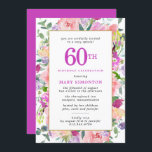 Lila Pink Floral 60. Geburtstag Einladung<br><div class="desc">Die farbenfrohen Blume sind mit rosa, lila und cremefarbenen Blumen geschmückt. Die Rückseite der 60. Geburtstagsfeier ist lila. Es entspricht dem 60., der im selben fett lila geschrieben ist. Auch die Geburtstagsfeier und der Name des Jubiläums sind lila. Hellgrüne Blätter verleihen dem Ganzen eine moderne botanische Atmosphäre. Diese Einladung ist...</div>