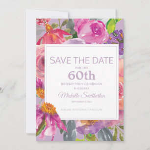 Lila Pink Floral 60. Geburtstag Rett Datum Save The Date