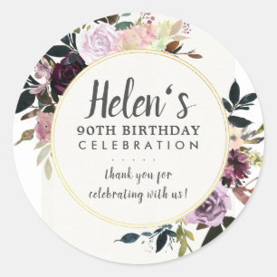 Lila Pink Floral 90. Geburtstag Vielen Dank Runder Aufkleber