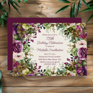 Lila Pink Floral Botanischer 75. Geburtstag Einladung