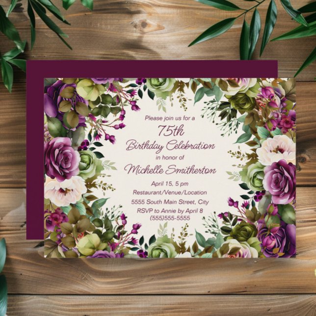 Lila Pink Floral Botanischer 75. Geburtstag Einladung (Elegant purple watercolor floral 75th birthday party invitation)