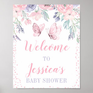 Lila Pink Floral Butterfly Babyduschzeichen Poster