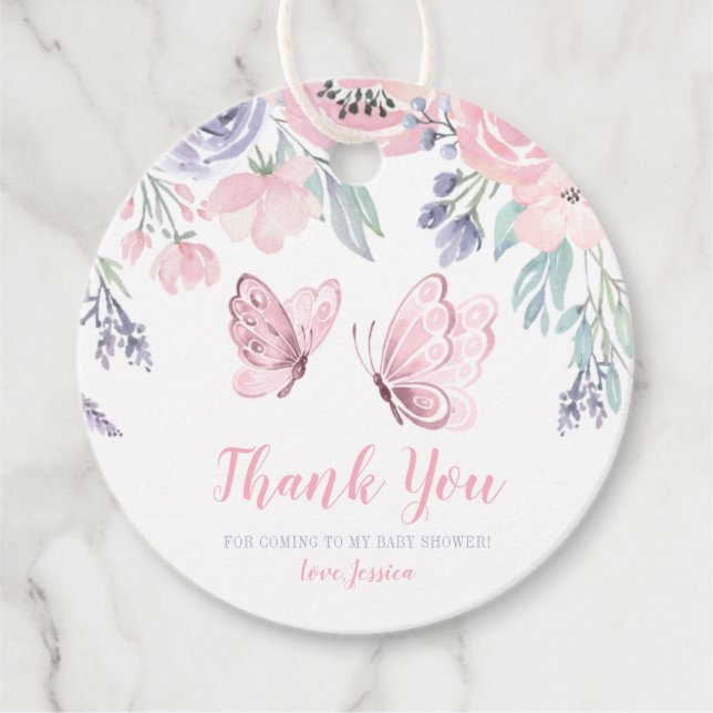 Lila Pink Floral Butterfly Girl Babydusche Geschenkanhänger (Vorderseite)
