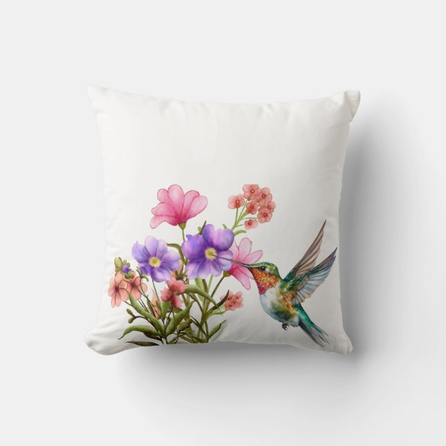 Lila Pink Floral Deko Hummingbird Wasserfarbe Kissen (Vorderseite)