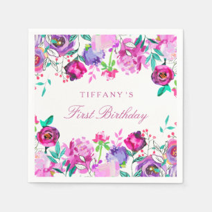 Lila Pink Floral Girl 1. Geburtstag Napkin Serviette