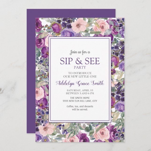 Lila Pink Floral Girl Sip Dusche Einladung (Vorne/Hinten)