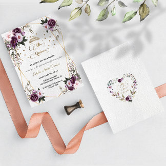 Lila Pink Floral Gold Mis Quince Quinceañera Einladung