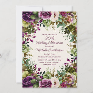Lila Pink Floral Green Blätter 90. Geburtstag Einladung
