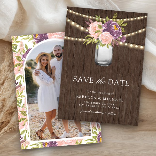 Lila Pink Floral Mason Jar Foto Hochzeit Save The Date (Von Creator hochgeladen)