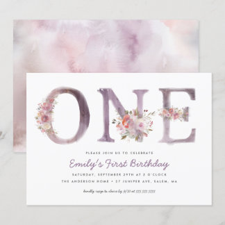 Lila Pink Floral Watercolor 1. Geburtstag Party Einladung