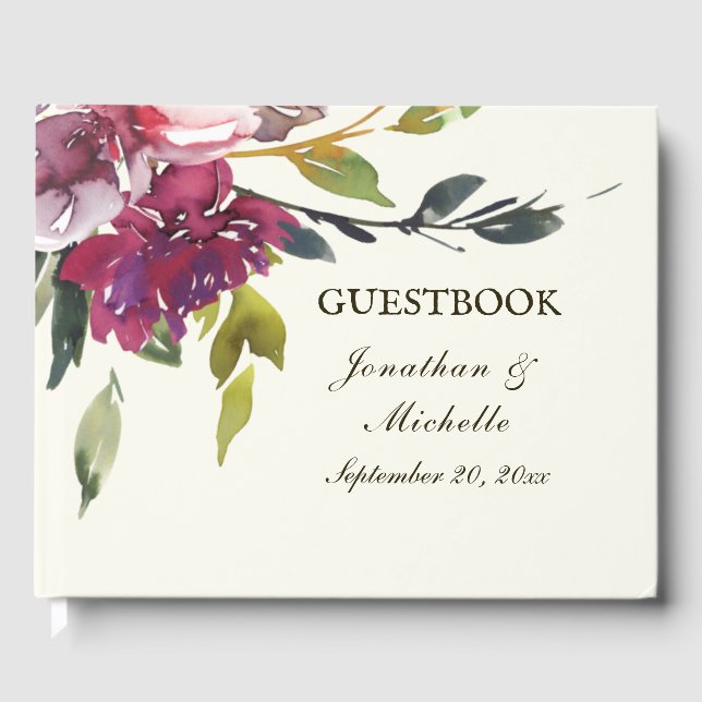 Lila Pink Floral Watercolor Bibel Verse Hochzeit Gästebuch (Vorderseite)