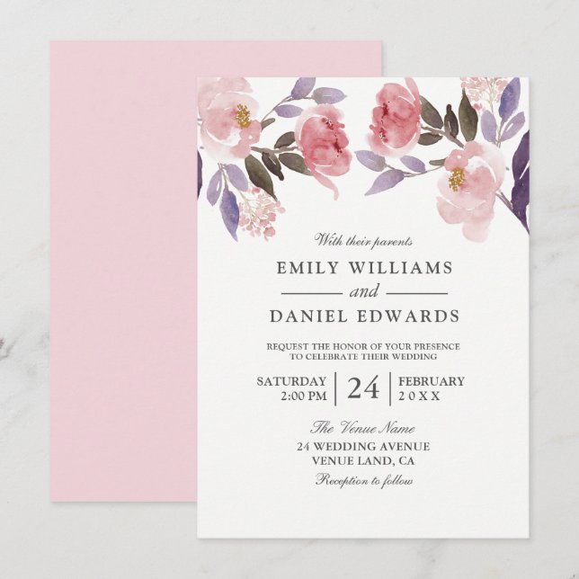 Lila Pink Floral Watercolor Hochzeit einladen Einladung (Vorne/Hinten)