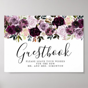 Lila Pink Floral Wedding Gästebuchzeichen Poster