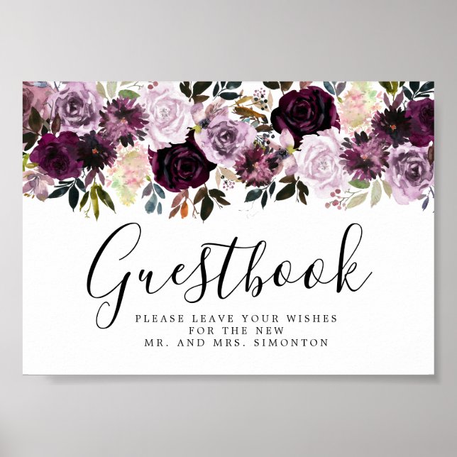 Lila Pink Floral Wedding Gästebuchzeichen Poster (Vorne)