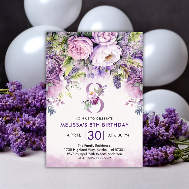 Lila & Pink Garden Blume Girl 8. Geburtstag Einladung (Purple & Pink Garden Flowers Girl 8th Birthday Invitation)