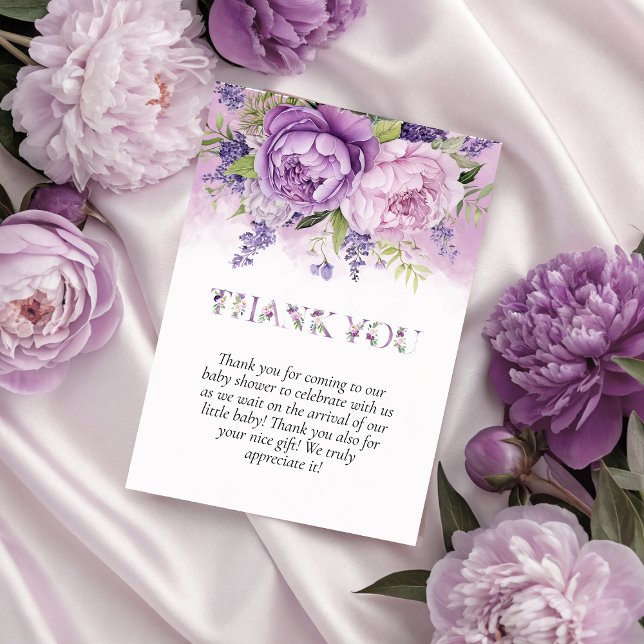 Lila & Pink Garden Blume Girl Babydusche Dankeskarte (Purple & Pink Garden Flowers Girl Baby Shower Thank You Card)