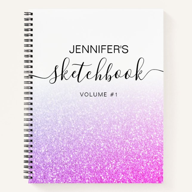 Lila Pink Glitzer Girly Ombre Sketchbook Name Notizbuch (Vorderseite)