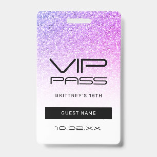Lila Pink Glitzer Glam VIP Pass 18. Einladung Ausweis