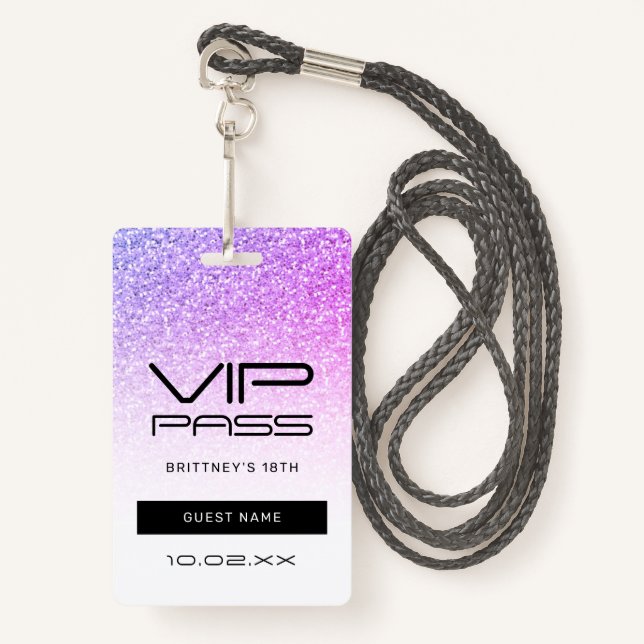 Lila Pink Glitzer Glam VIP Pass 18. Einladung Ausweis (Vorderseite mit Schlüsselband)