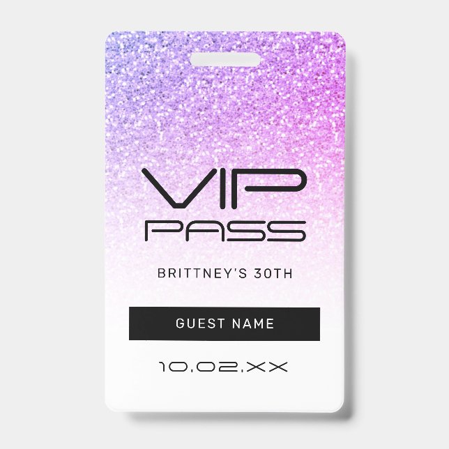 Lila Pink Glitzer Glam VIP Pass 30. Einladung Ausweis (Vorderseite)