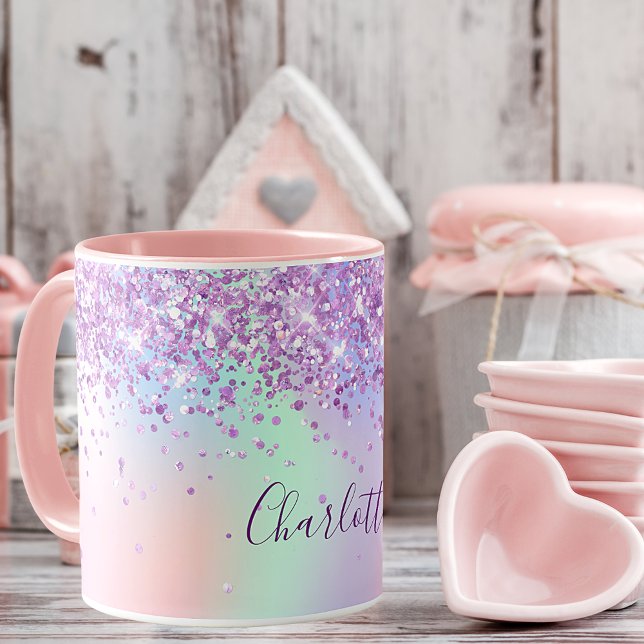 Lila Pink-Glitzer-holografisches Namensskript Tasse (Von Creator hochgeladen)