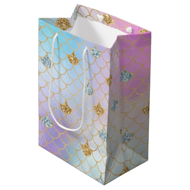 Lila Pink Gold Aqua Glitzer Mermaid Sparkone      Mittlere Geschenktüte (Vorderseite Schrägansicht)