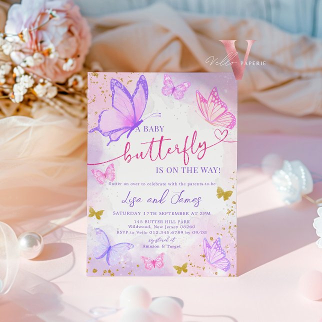 Lila Pink Gold Schmetterling Kinderdusche Einladun Einladung (Von Creator hochgeladen)