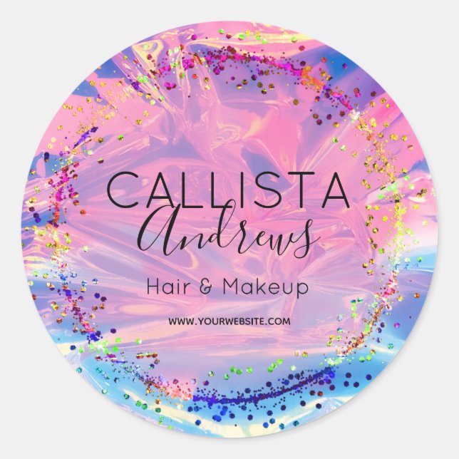 Lila Pink Holograph Glitzer Confetti Salon Class Runder Aufkleber (Vorderseite)