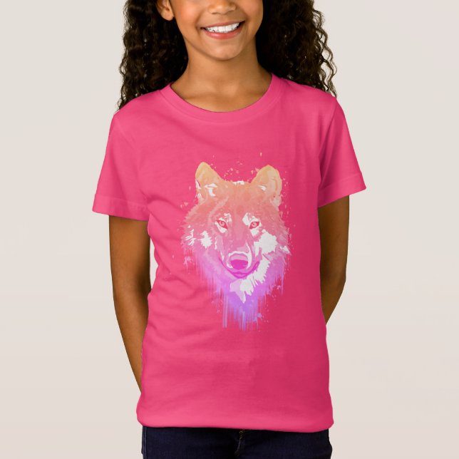 Lila Pink Lilac Neon Wasserfarben Spritzer Wolf T-Shirt (Vorderseite)