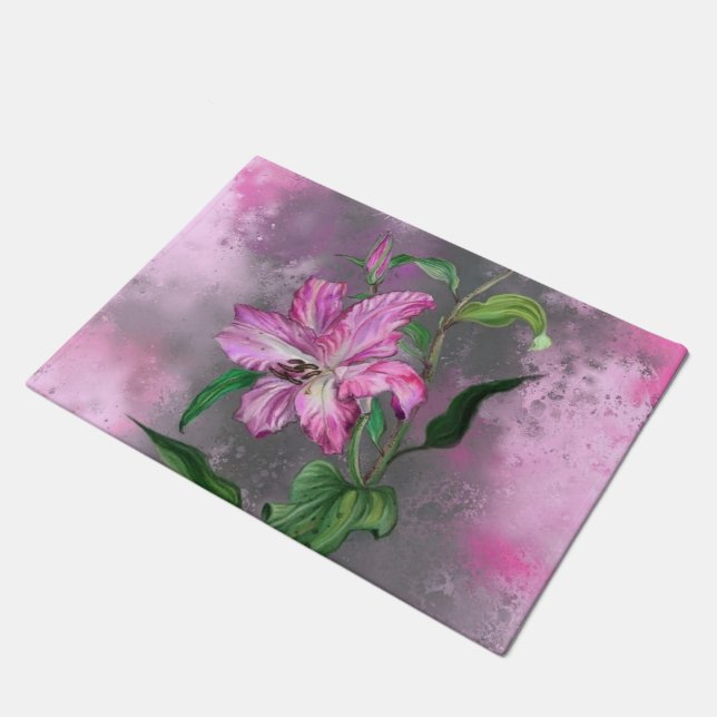 Lila Pink Lily Blume Doormat Malerei Fußmatte (Schrägansicht)