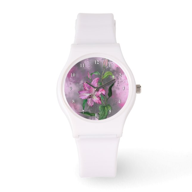 Lila Pink Lily Blume Lilies Painting beobachten Armbanduhr (Vorderseite)