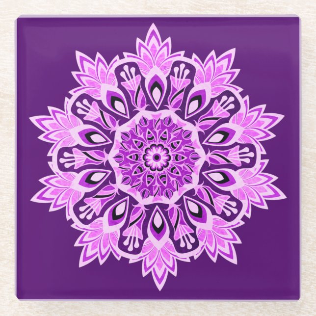 Lila Pink Mandala Boho Getränke Glasuntersetzer (Vorderseite)