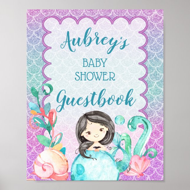 Lila Pink Mermaid Girl Baby Showbook Poster (Vorne)