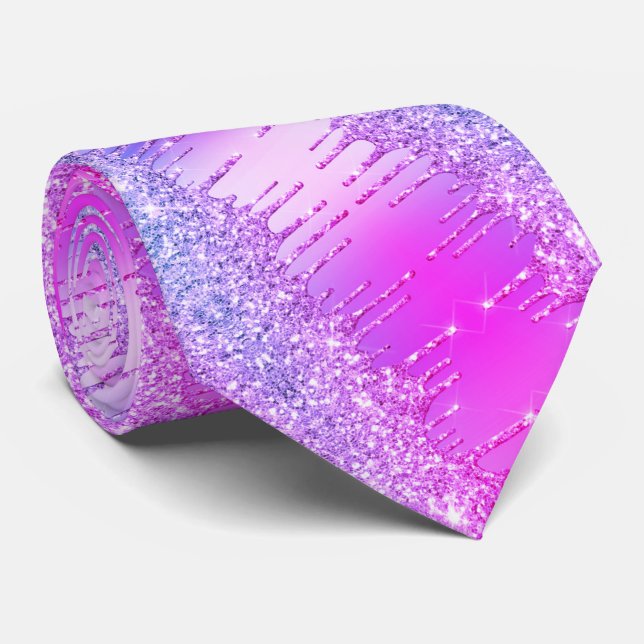 Lila Pink Neon Glitzer Funkelnd Tropfen Neck Tie Krawatte (Gerollt)
