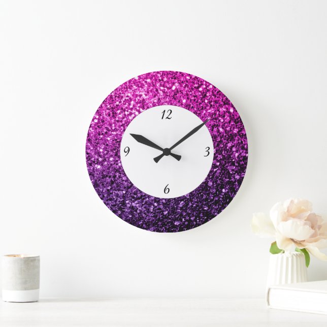 Lila Pink Ombre Glitzer Glitzern mit Zahlen Große Wanduhr (Zuhause)