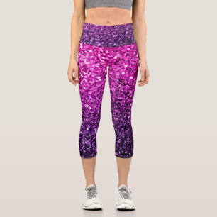 Lila Pink Ombre Imitate Glitzer Glitzern Capri Leggings