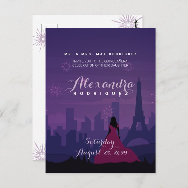 Lila Pink Paris Feuerwerk Quinceañera Postkarte (Vorne/Hinten)