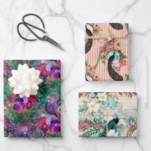 Lila Pink Peacock Floral Geschenkpapier Set