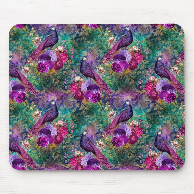 Lila Pink Peacock Floral Mousepad (Vorne)