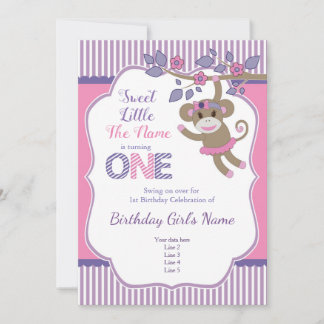 Lila Pink Sock Affe zum Geburtstag Einladung