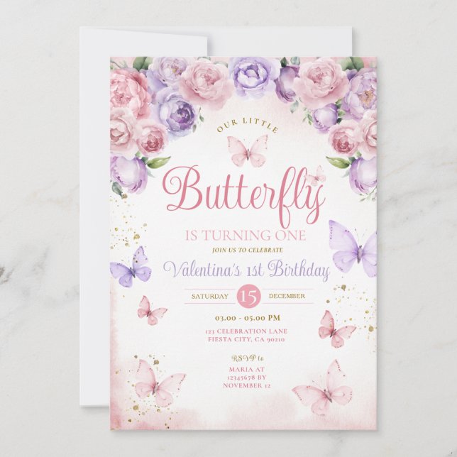 Lila Pink Unser kleiner Schmetterling verwandelt s Einladung (Vorderseite)